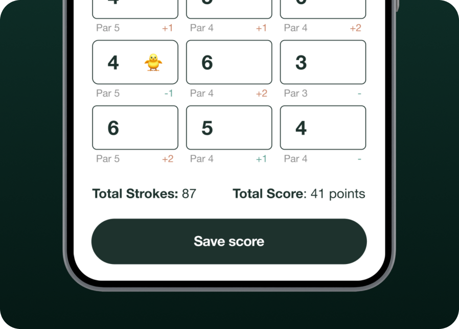 Golf scorecard on phone showing strokes per hole, pars, total strokes 87, total score 41 points, and a Save score button.