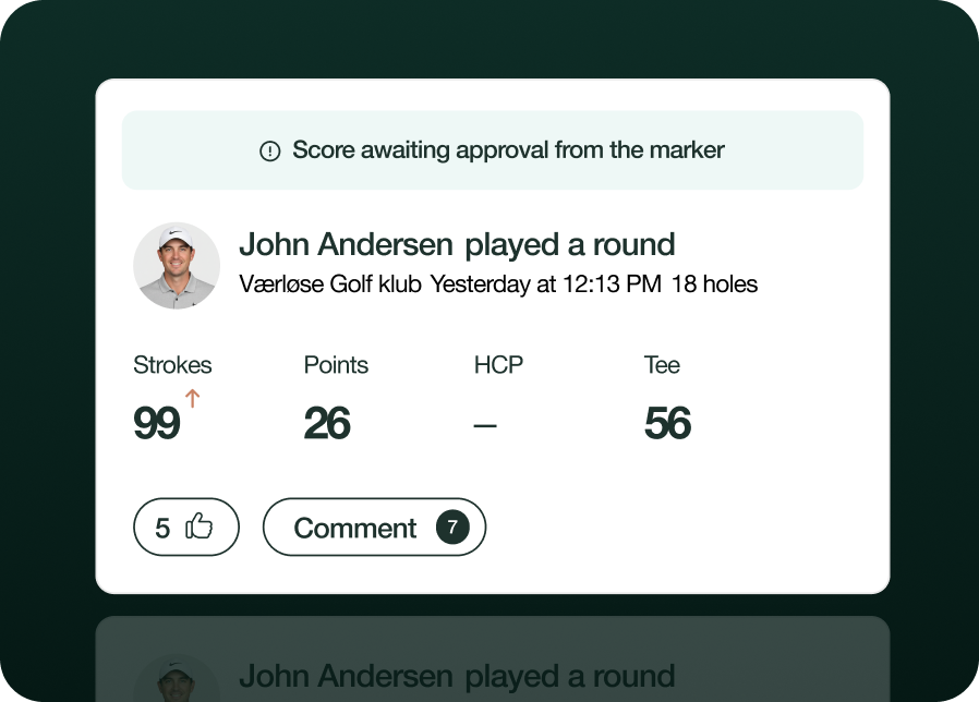 Golf scorecard showing John Andersen played 18 holes at Værløse Golf klub yesterday at 12:13 PM; strokes 99, points 26, tee 56, and score awaiting marker approval.