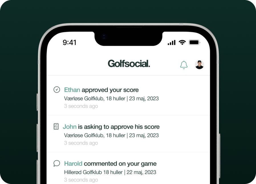 Smartphone screen showing Golfsocial app notifications: Ethan approved your score at Værløse Golfklub on May 23, 2023; John is asking to approve his score at Værløse Golfklub on the same date; Harold commented on your game at Hillerød Golfklub on May 22, 2023.