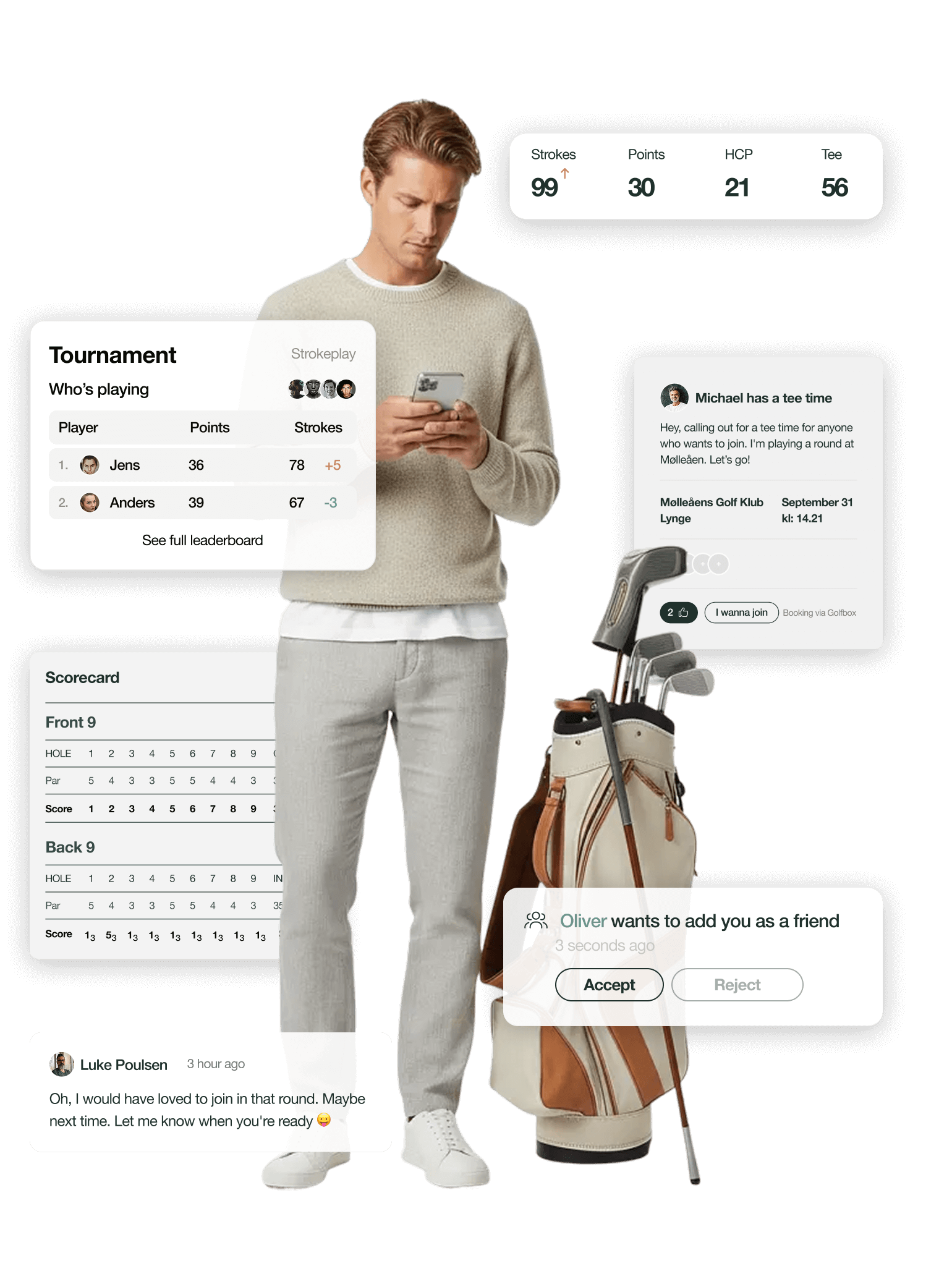 Man in beige sweater and light pants using smartphone next to golf bag with clubs and various golf app UI elements showing scores, tournament leaderboard, tee time notification, friend request, and comments.