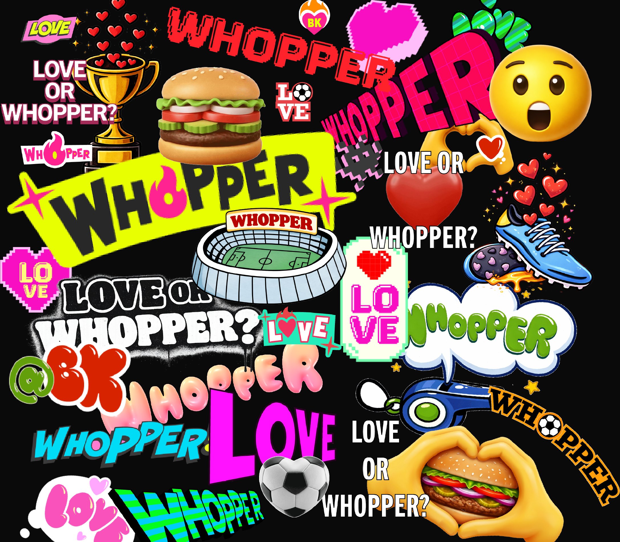 Collage of Love or Whopper stickers
