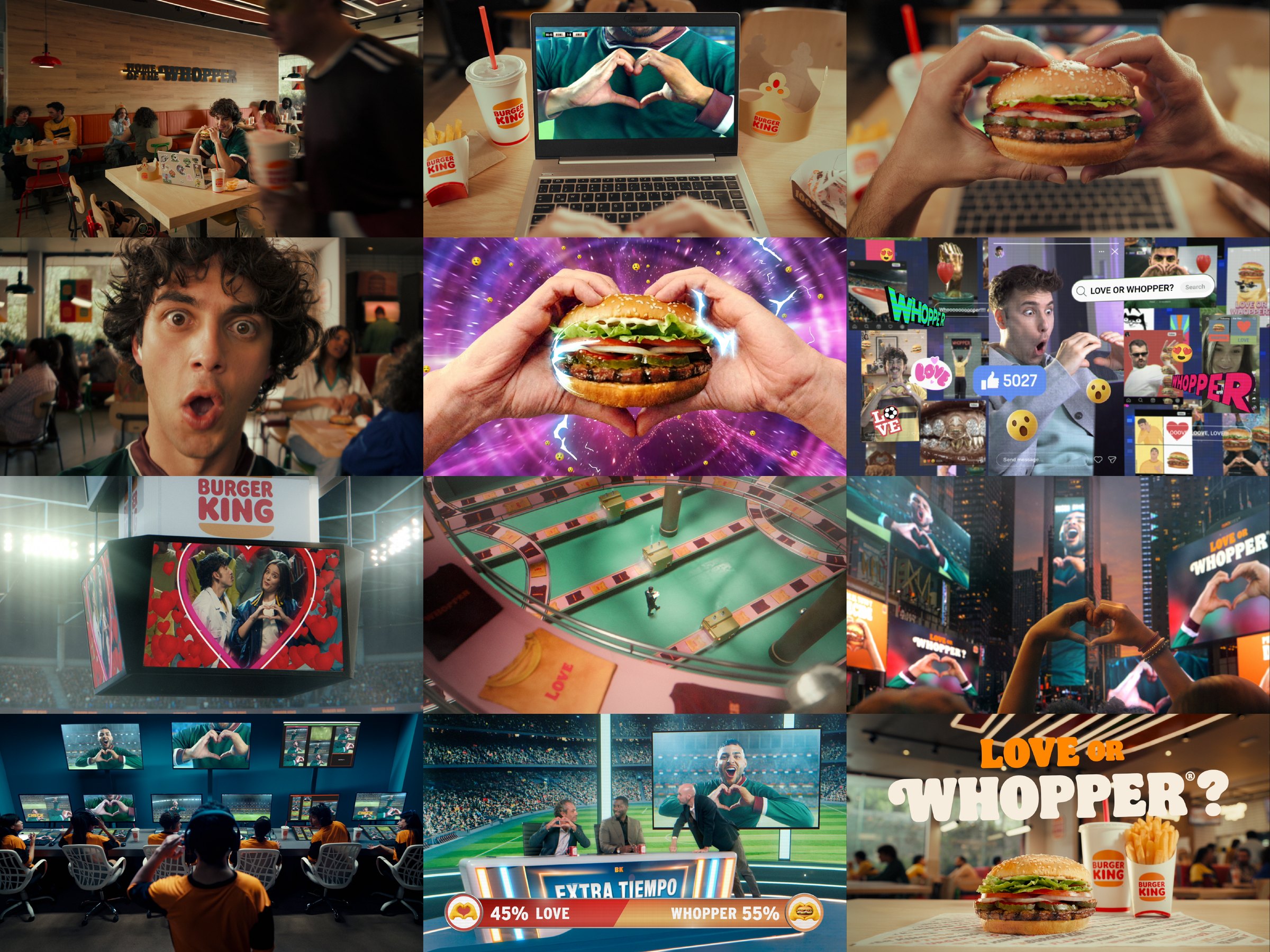 Stills from the commercial: fans making the heart gesture, the influencer, the stadium and the Whopper