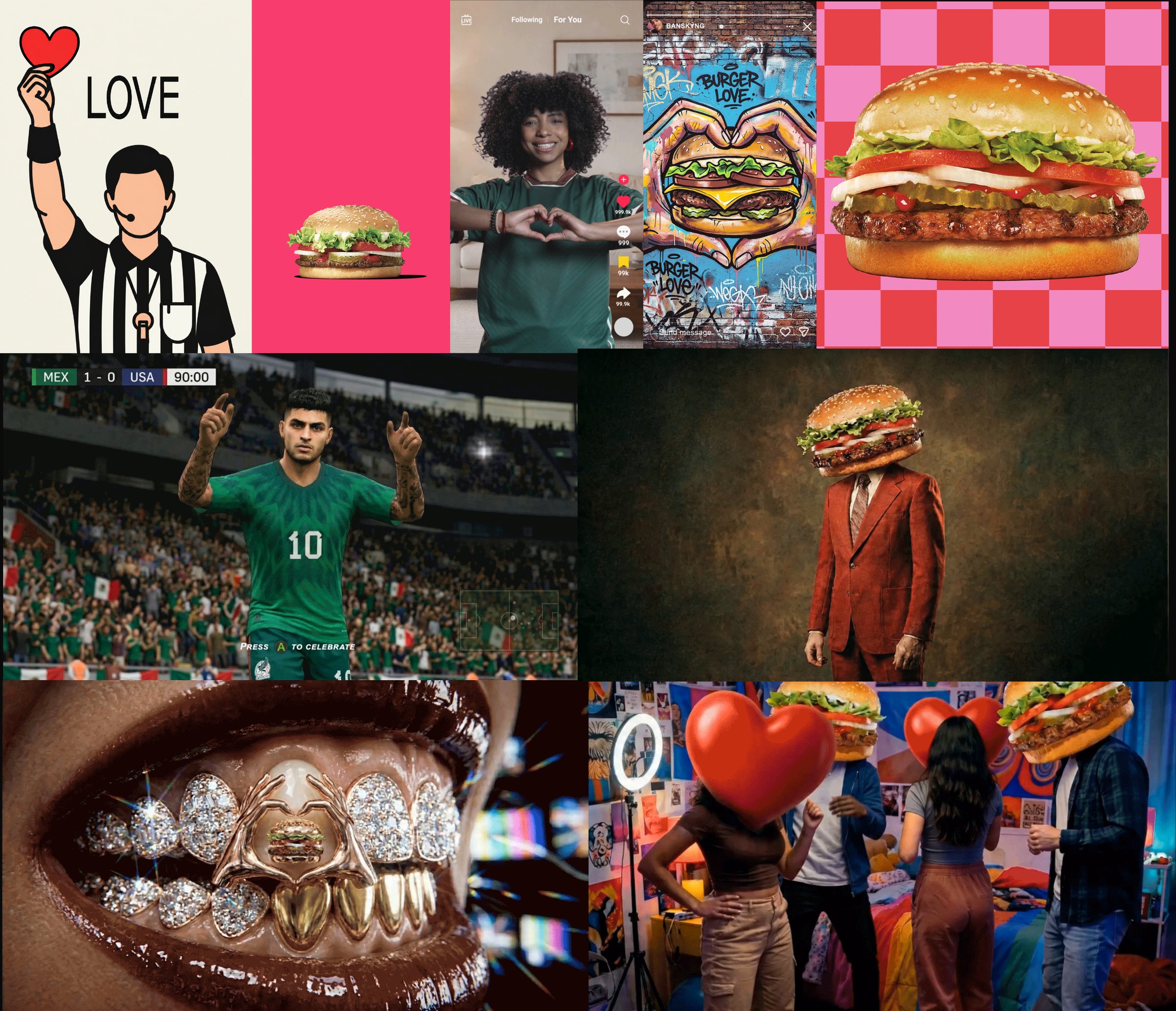 Campaign artwork: the referee, the heart hands, the player, the burger head and the gold grill