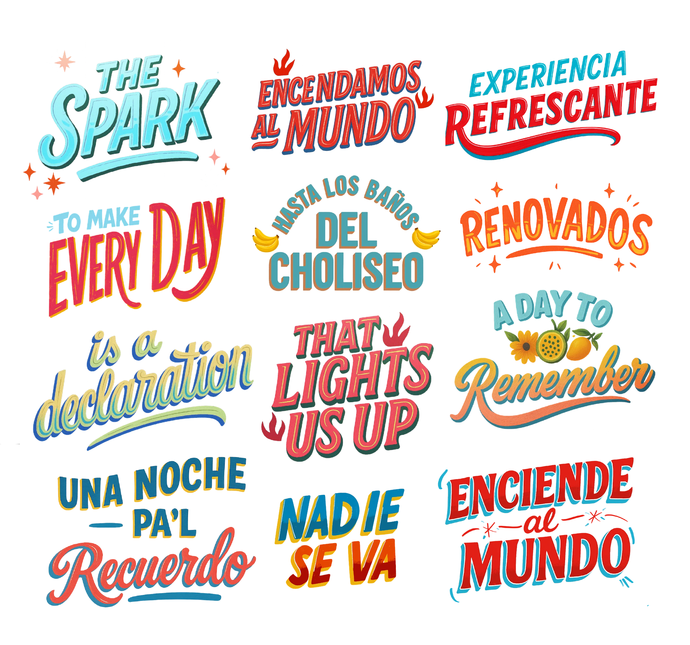 Twelve lettered supers for the Method spots in English and Spanish, from The Spark to Enciende al Mundo