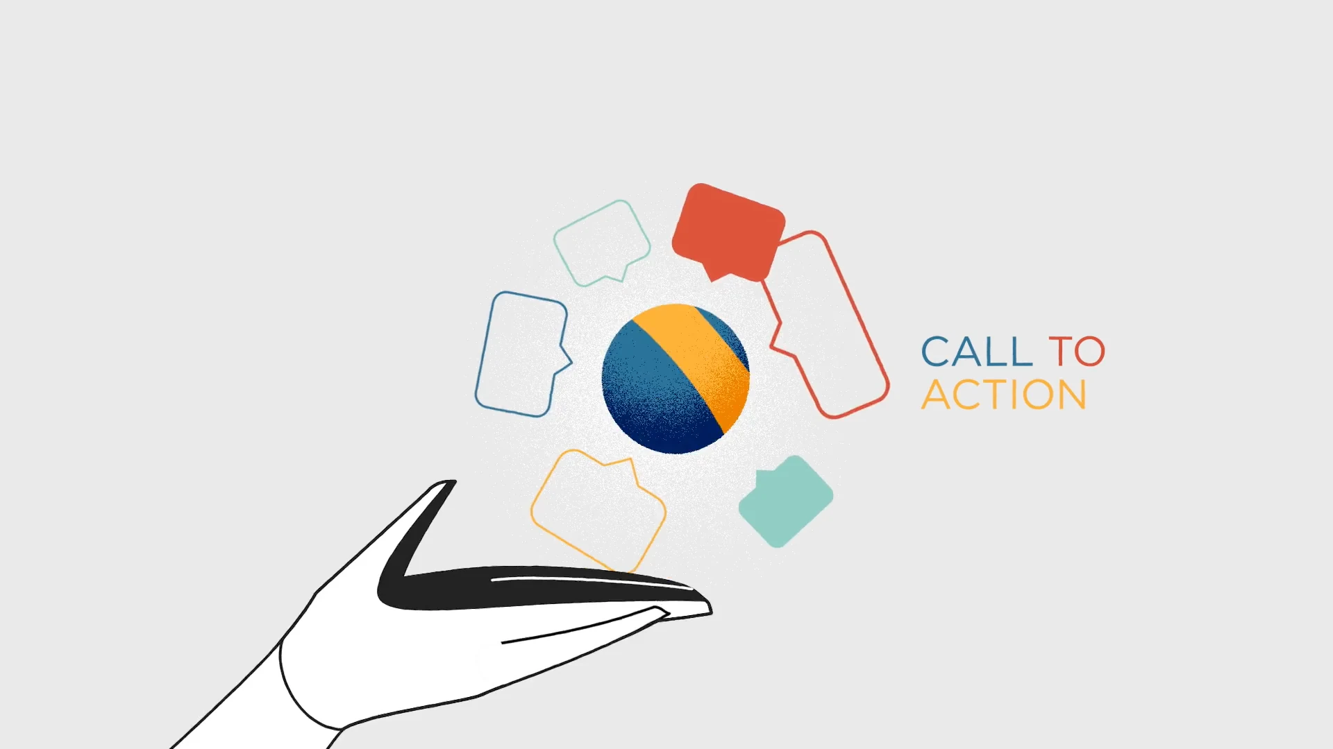 A hand holding the ball among call to action icons