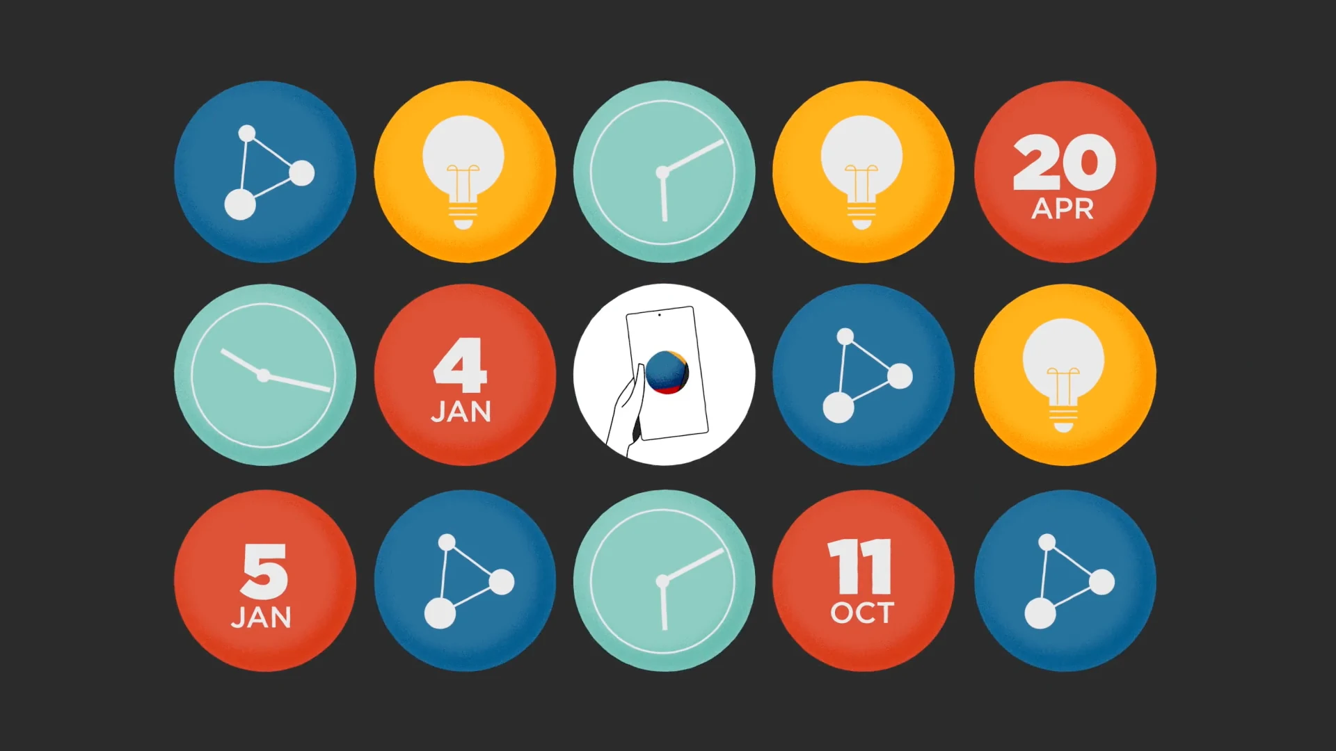Grid of circles with dates, clocks and ideas