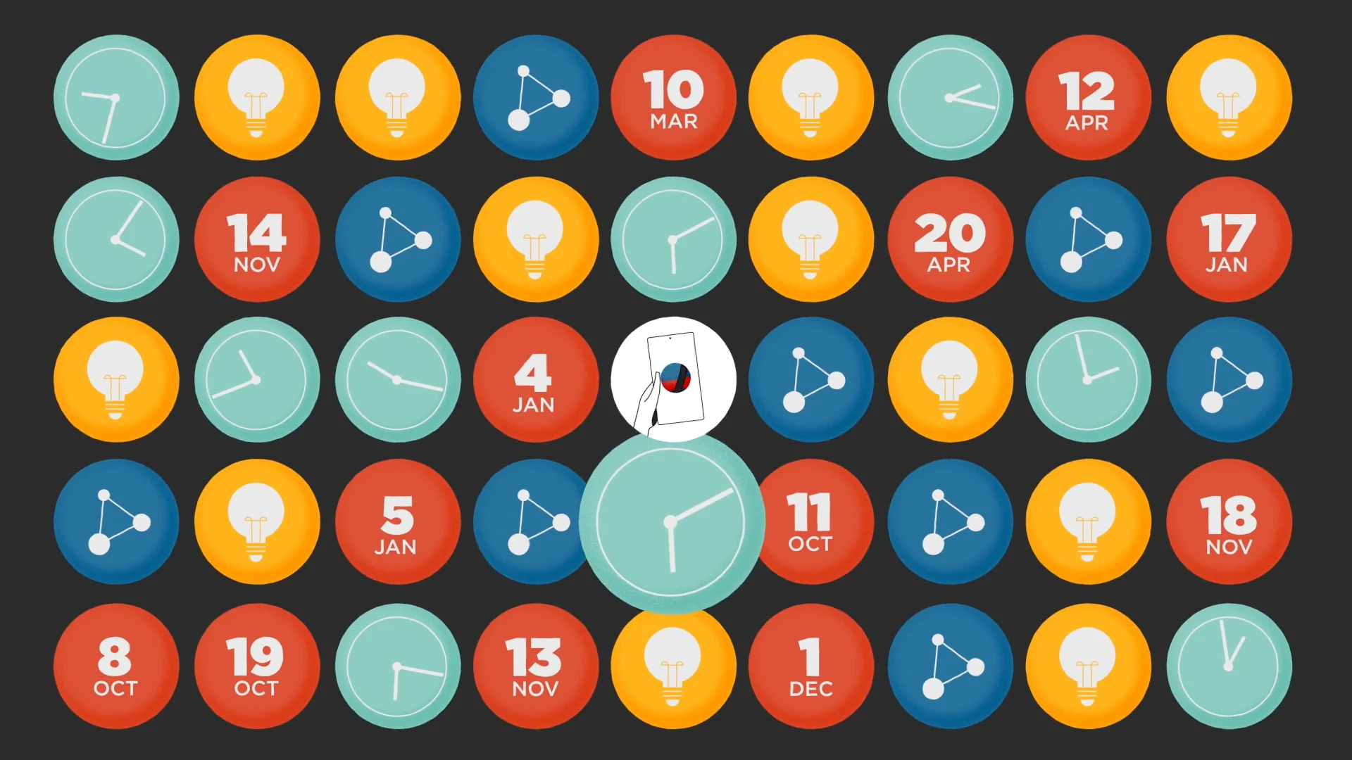 A larger grid of circles with dates, clocks and ideas
