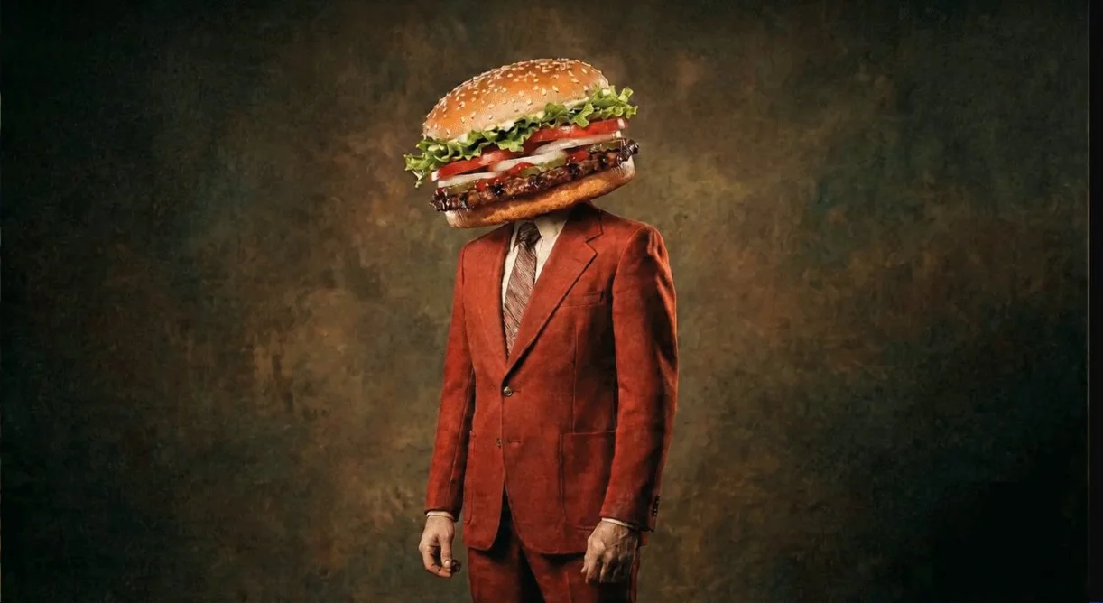A man with a burger for a head