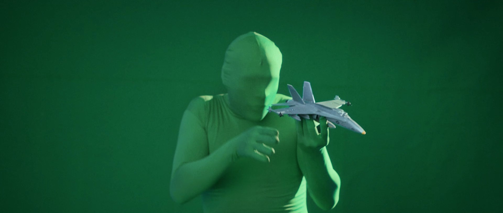 Toyota Leave No Trace, The Green Man flies a toy jet on the green screen
