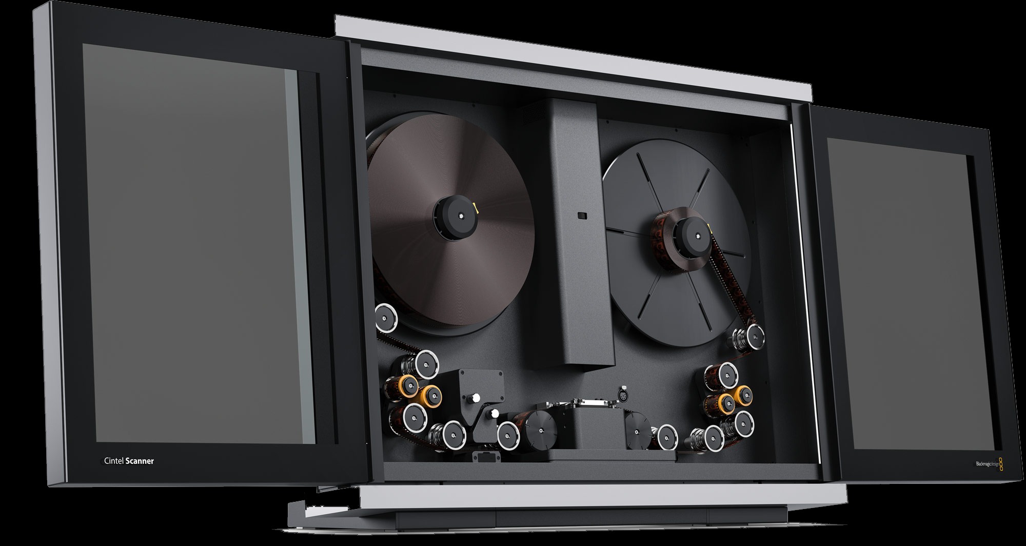 Cintel scanner with doors open, film path and capstan