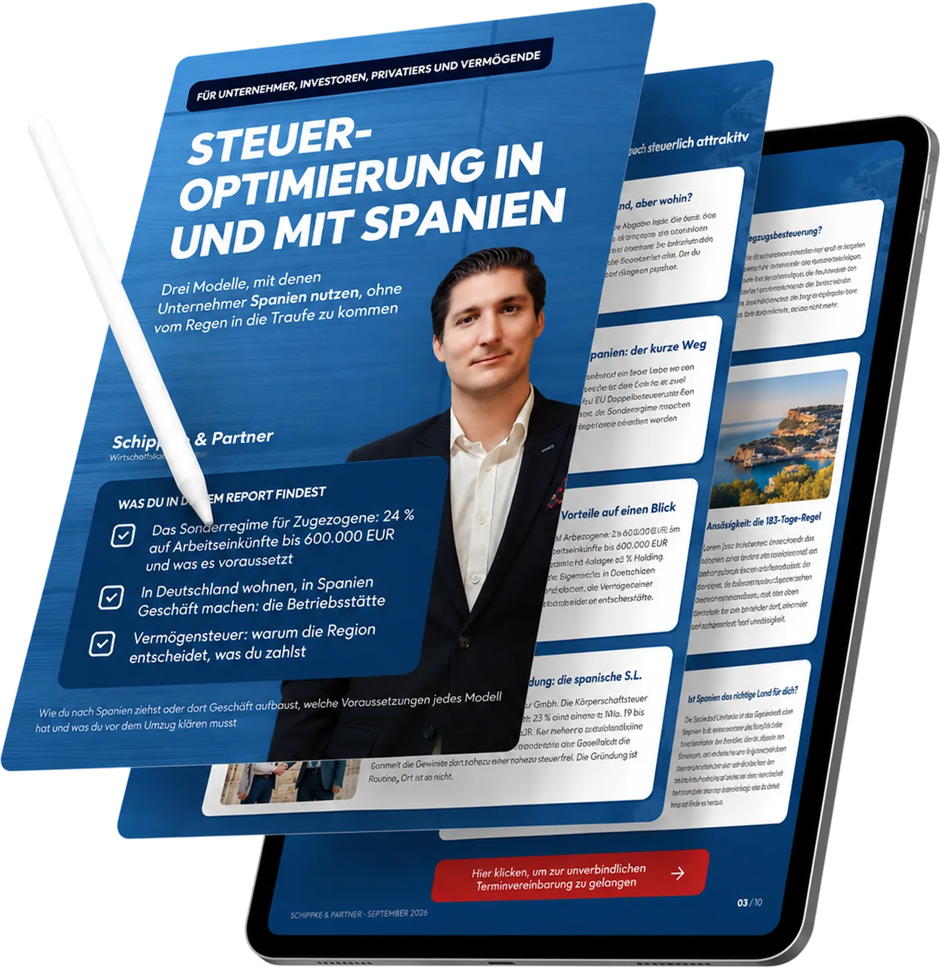 Der Spanien-Report „Steueroptimierung in und mit Spanien“ auf einem Tablet