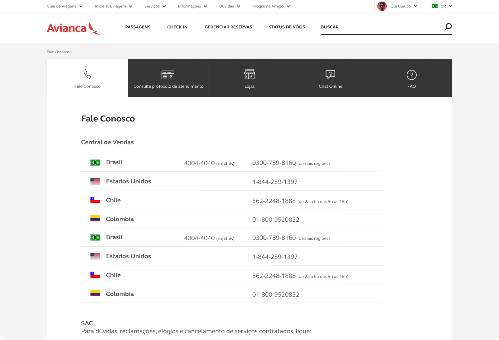 Avianca Brasil website – FAQ and contact page UI design