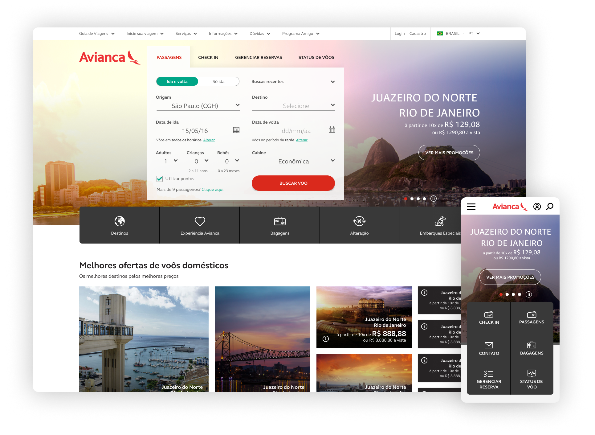 Avianca Brasil website redesign – home page with operational, inspirational and informational hierarchy