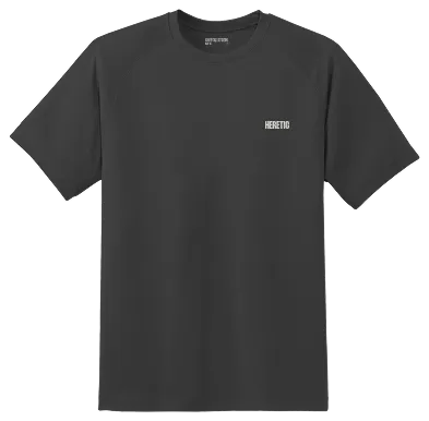 A black t-shirt with a "Heretic" logo on the front.