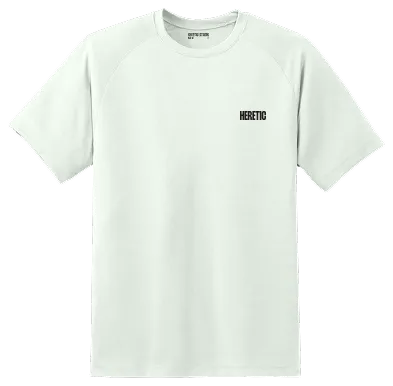 A white t-shirt with a "Heretic" logo on the front.