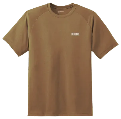 A clay coloured t-shirt with a "Heretic" logo on the front.