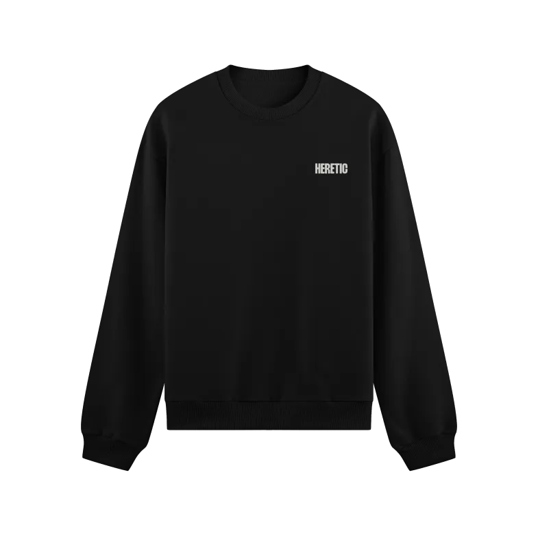 A black crew net sweater with a "Heretic" logo on the front.