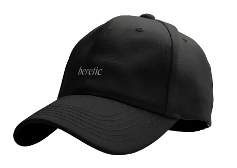 A black cap with a "Heretic" logo on the front.