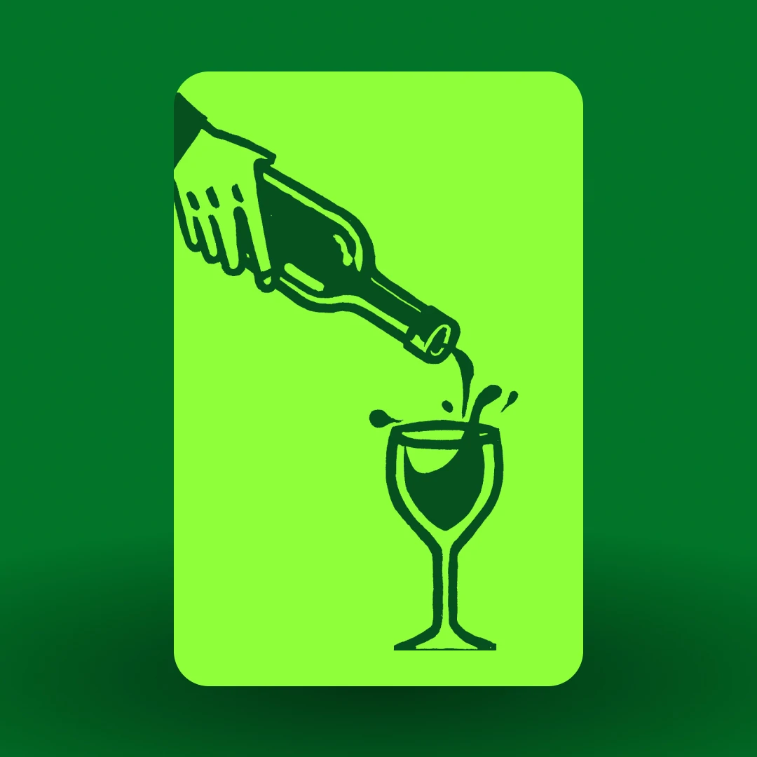 An animated gif showing illustrations of pouring wine; clinking glasses; and a glass of wine.
