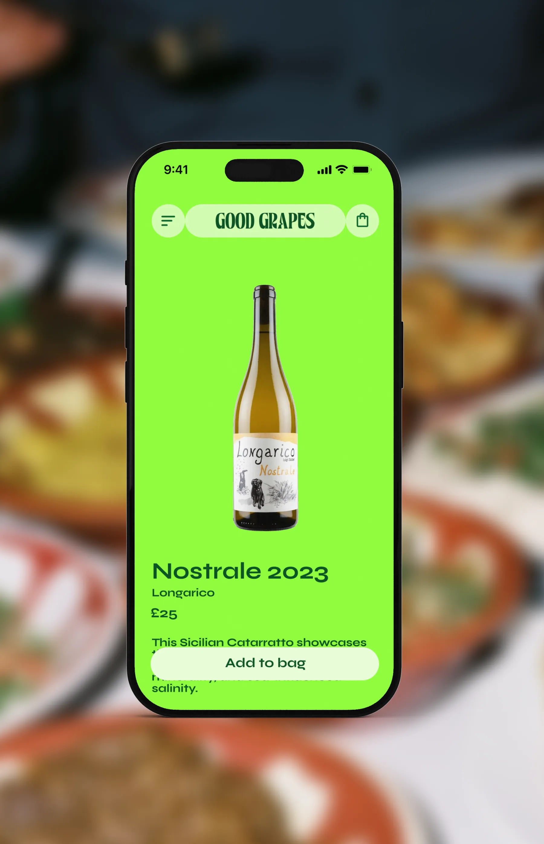 A screenshot of the Good Grapes website on a mobile phone with a blurred background image