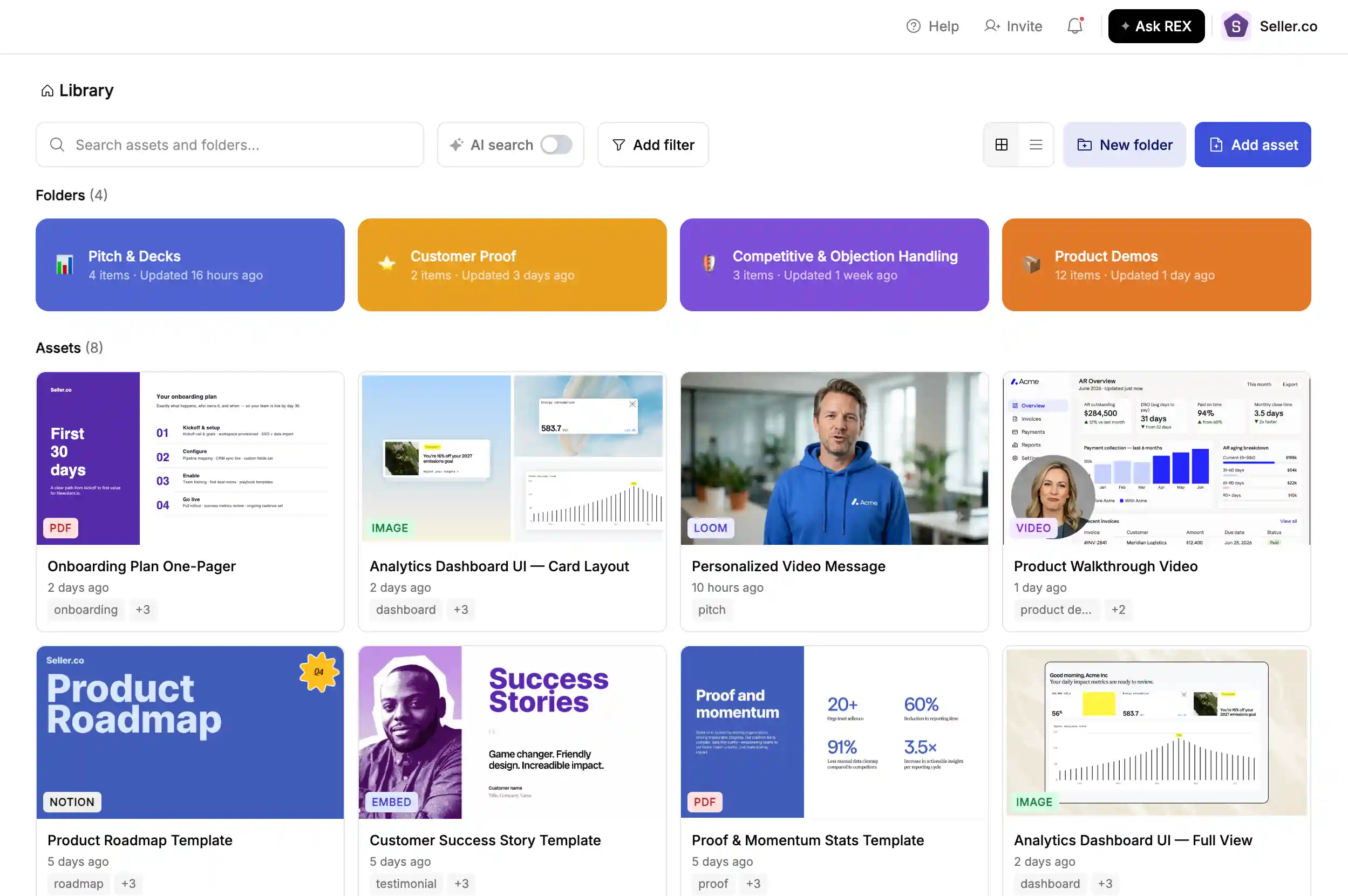 AI content library showing organized sales folders and assets including pitch decks, customer proof, and product demos