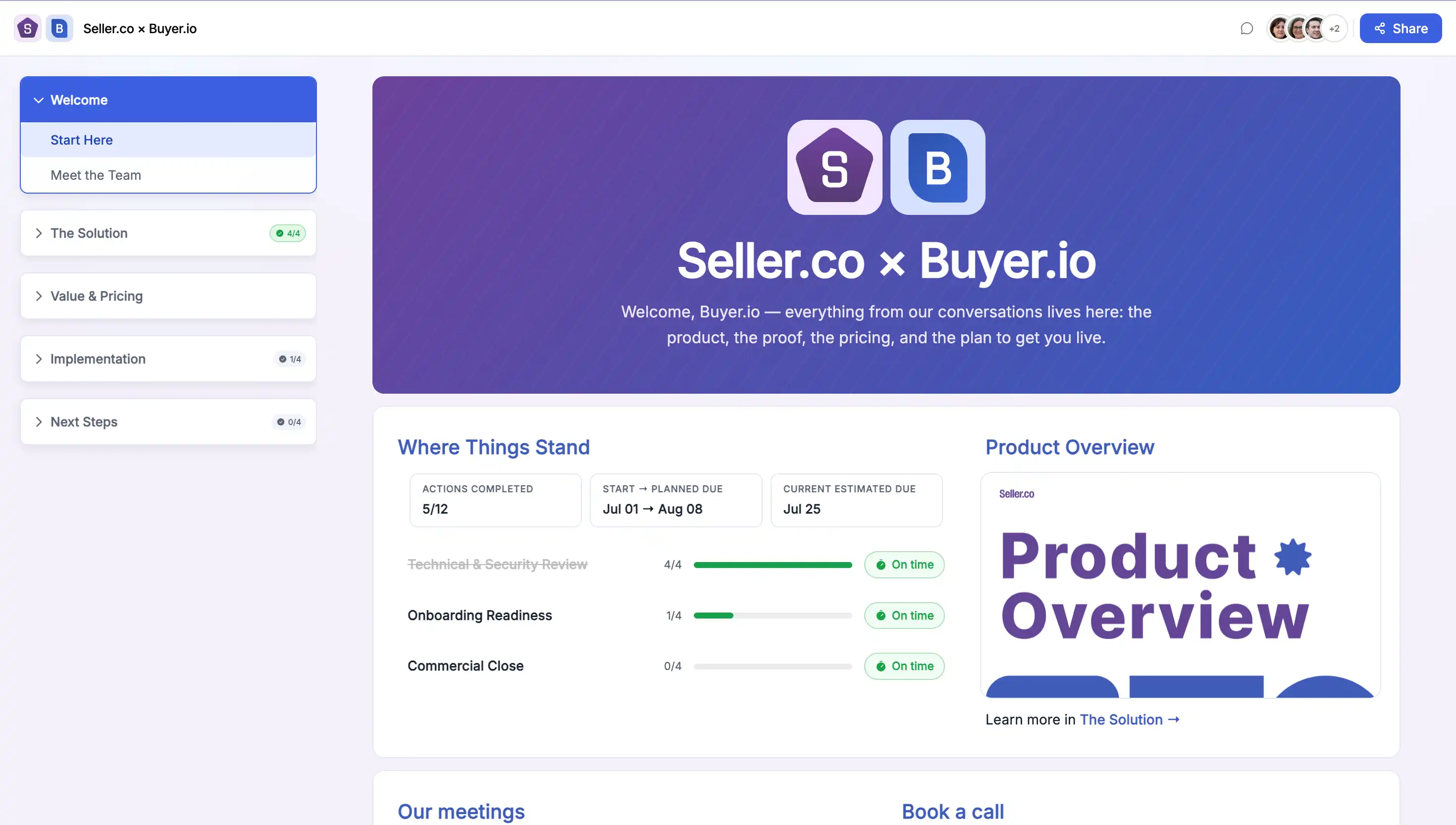 Digital sales room example showing Seller.co and Buyer.io collaborating with deal progress, product overview, and next steps in one shared link.