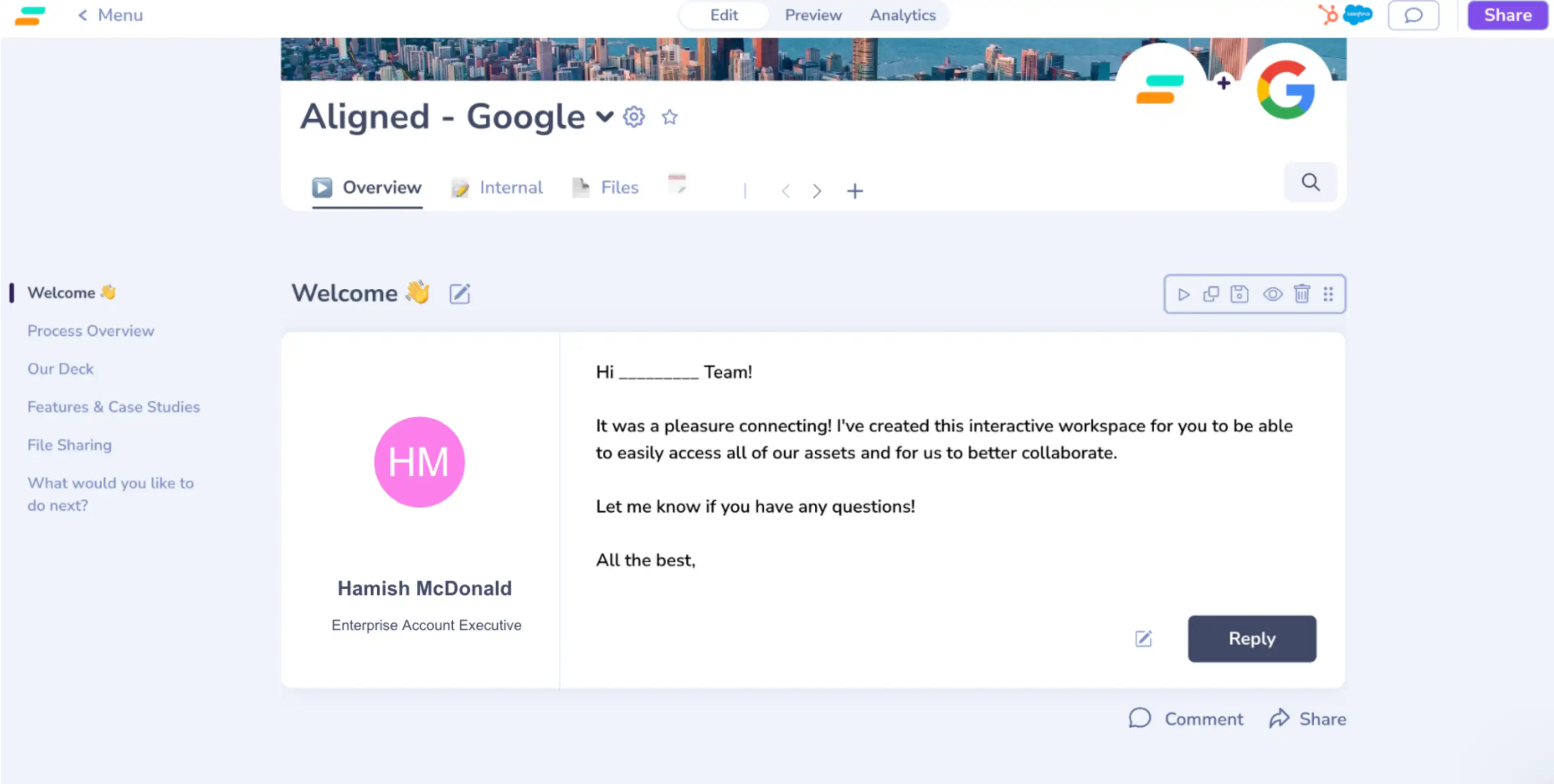 An Aligned deal room with a tabbed workspace and a welcome message from the account executive