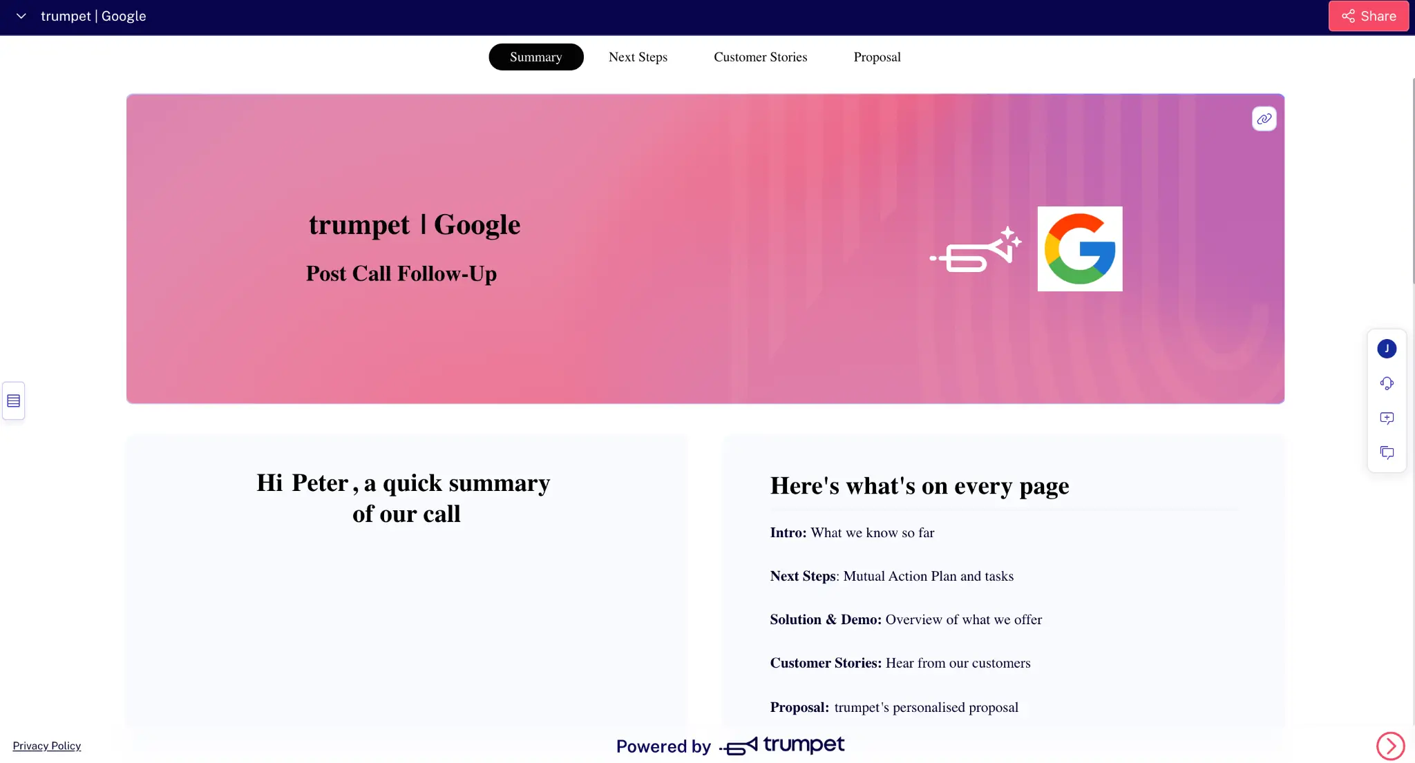 A Trumpet pod with top tabs for Summary, Next Steps, Customer Stories, and Proposal, showing a call summary