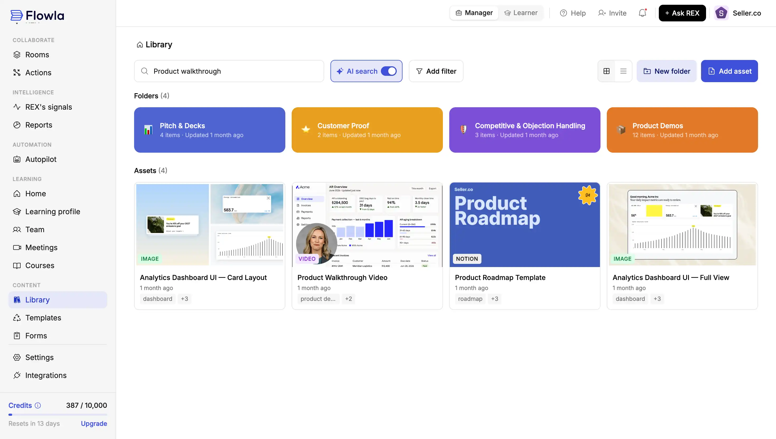 Flowla content library organised by folder, tag, and asset type