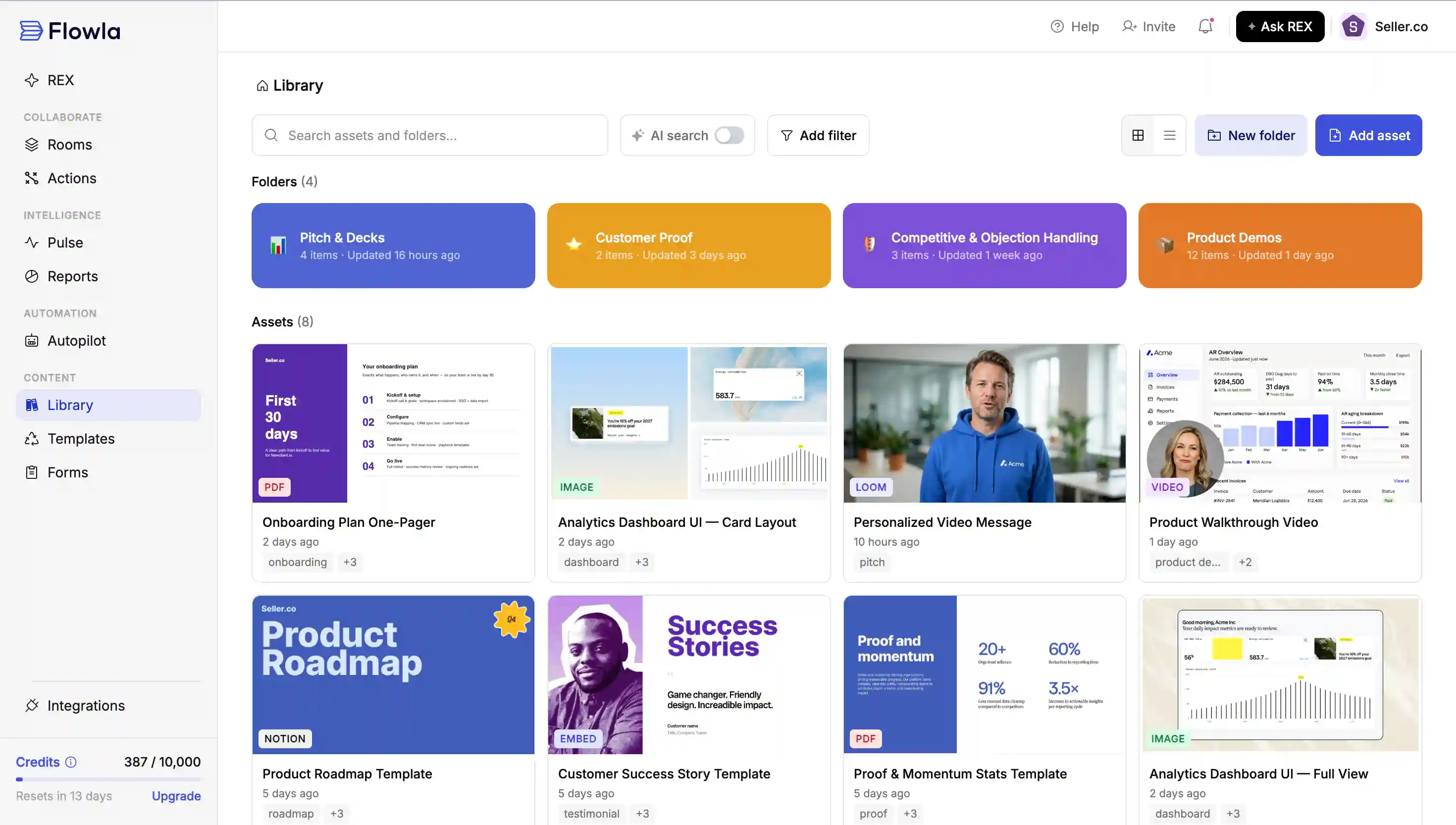 Flowla content library showing sales assets organised into folders with tags, filters, and REX search