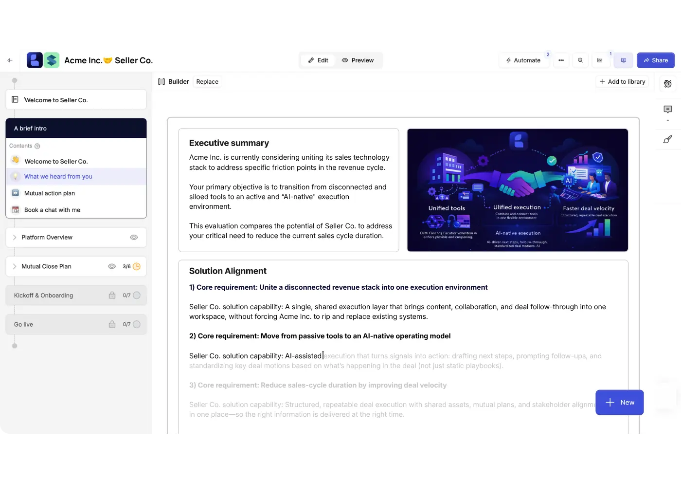 AI-generated sales proposal in Flowla showing executive summary and solution alignment sections