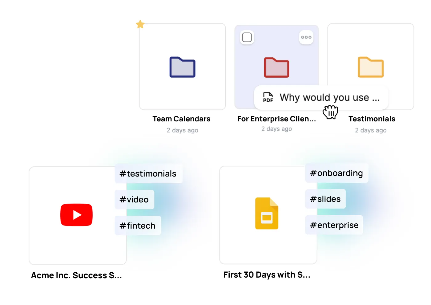 Sales assets organised into folders and tagged by topic and use case in Flowla's content library