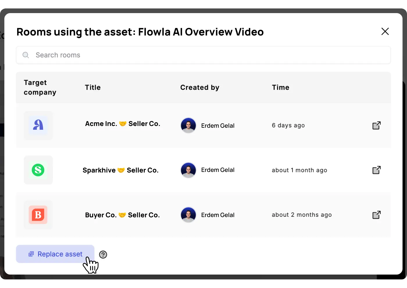 Modal in Flowla listing every room using an asset, with one-click replace across all of them