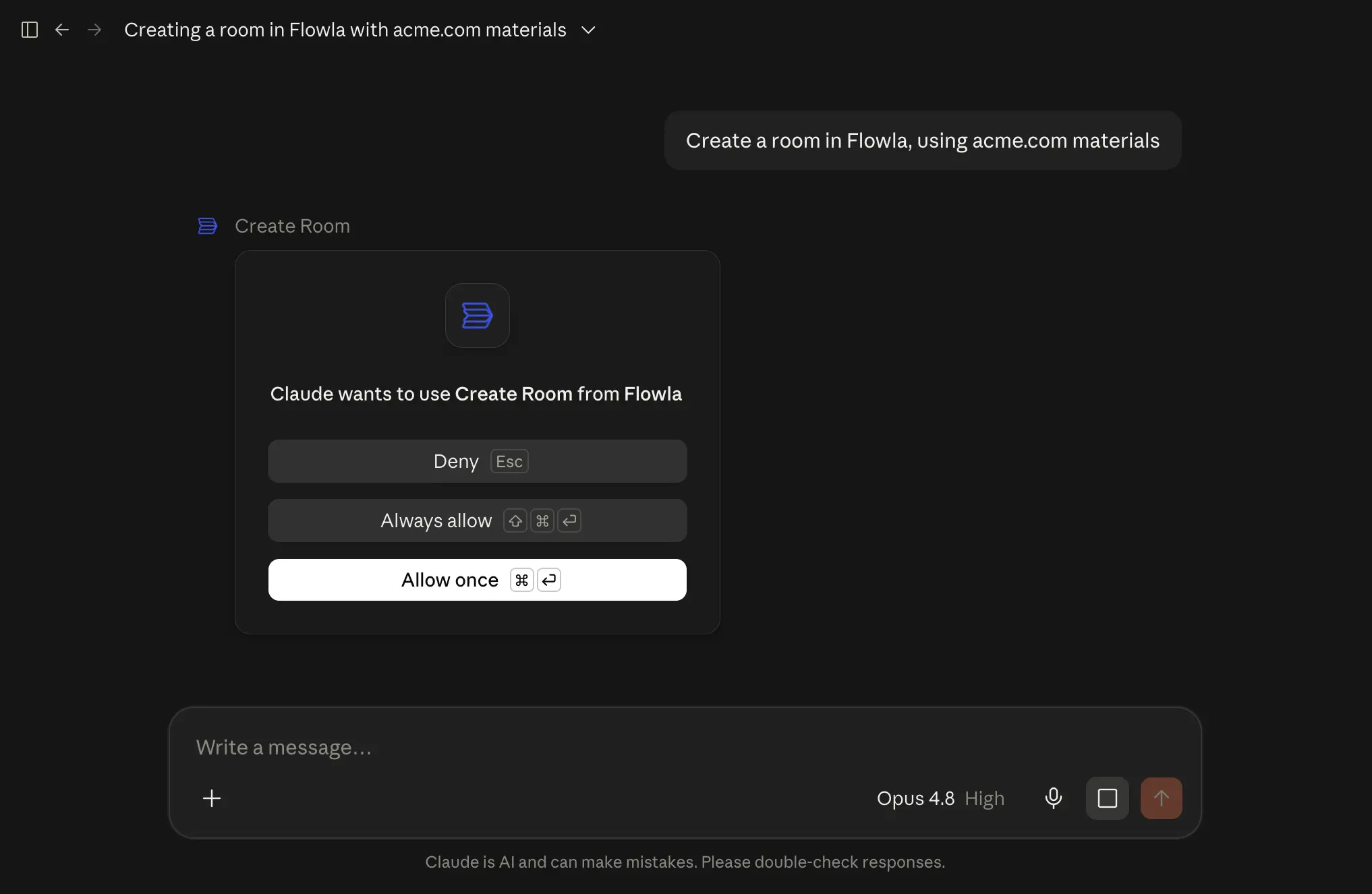Claude creating a Flowla room from a website's materials using Flowla's MCP integration