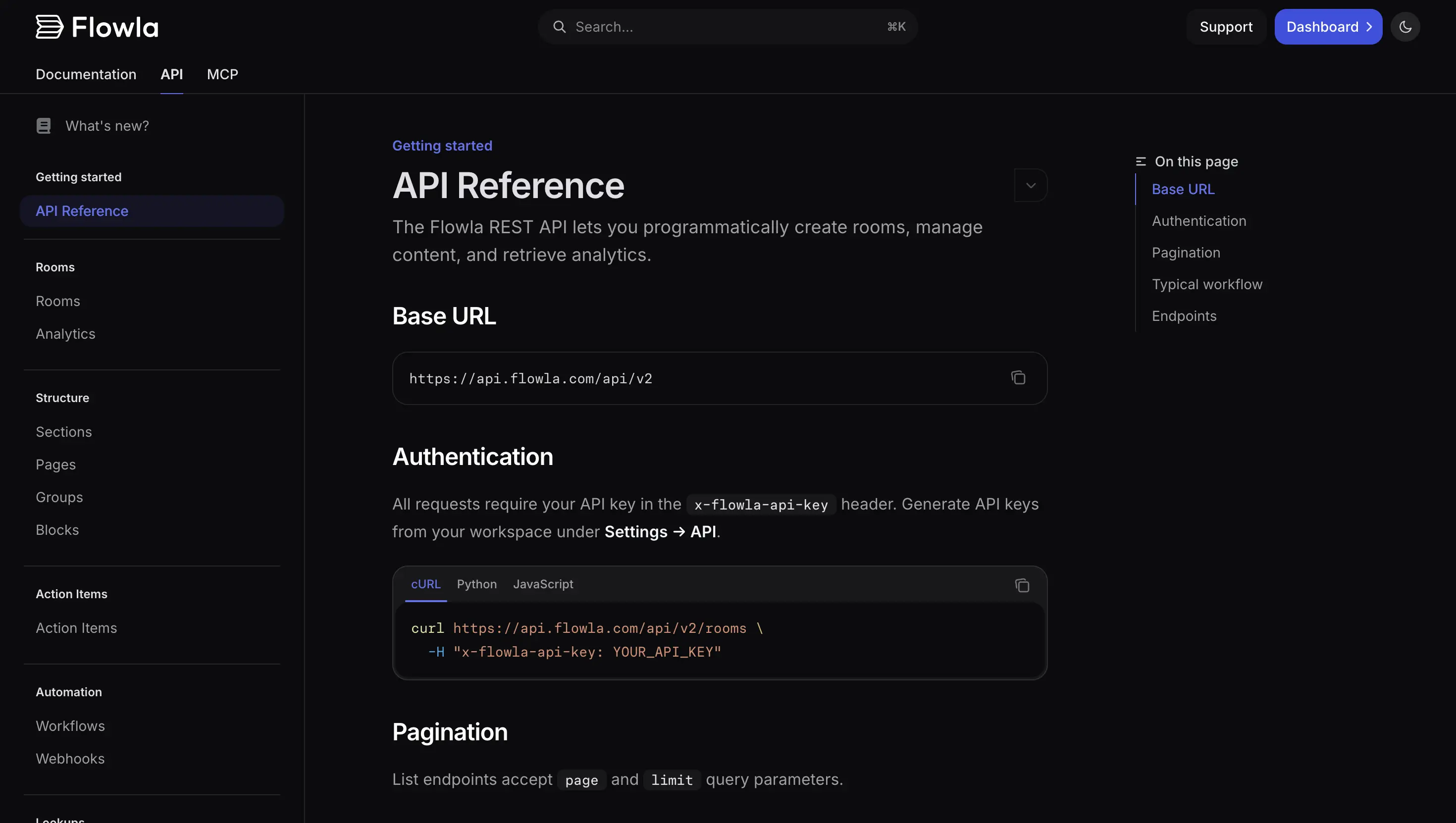 Flowla API documentation showing authentication and a sample request to list rooms