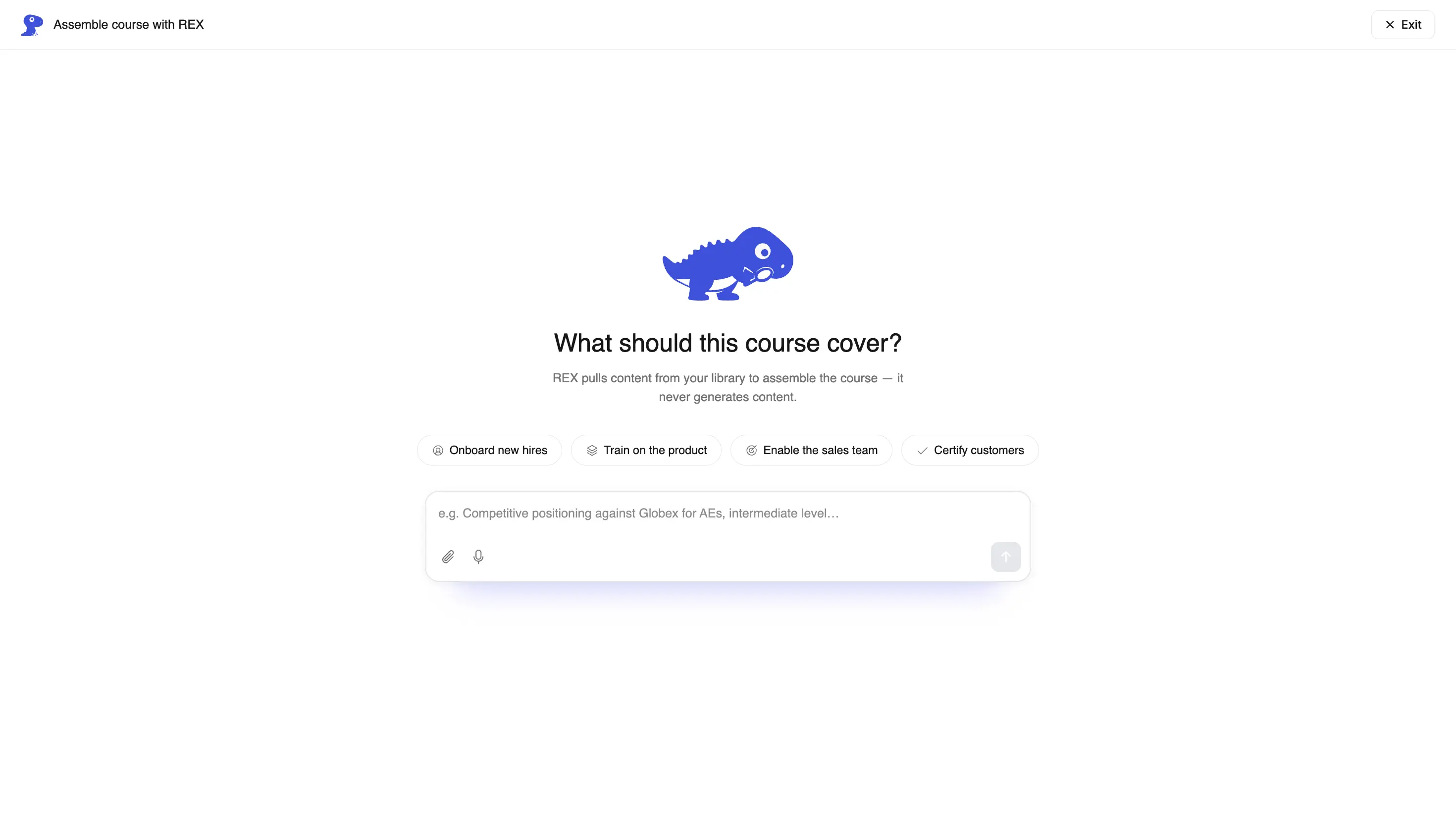 REX AI assembling a sales training course from an existing content library, with prompts to onboard new hires, train on the product, or certify customers.