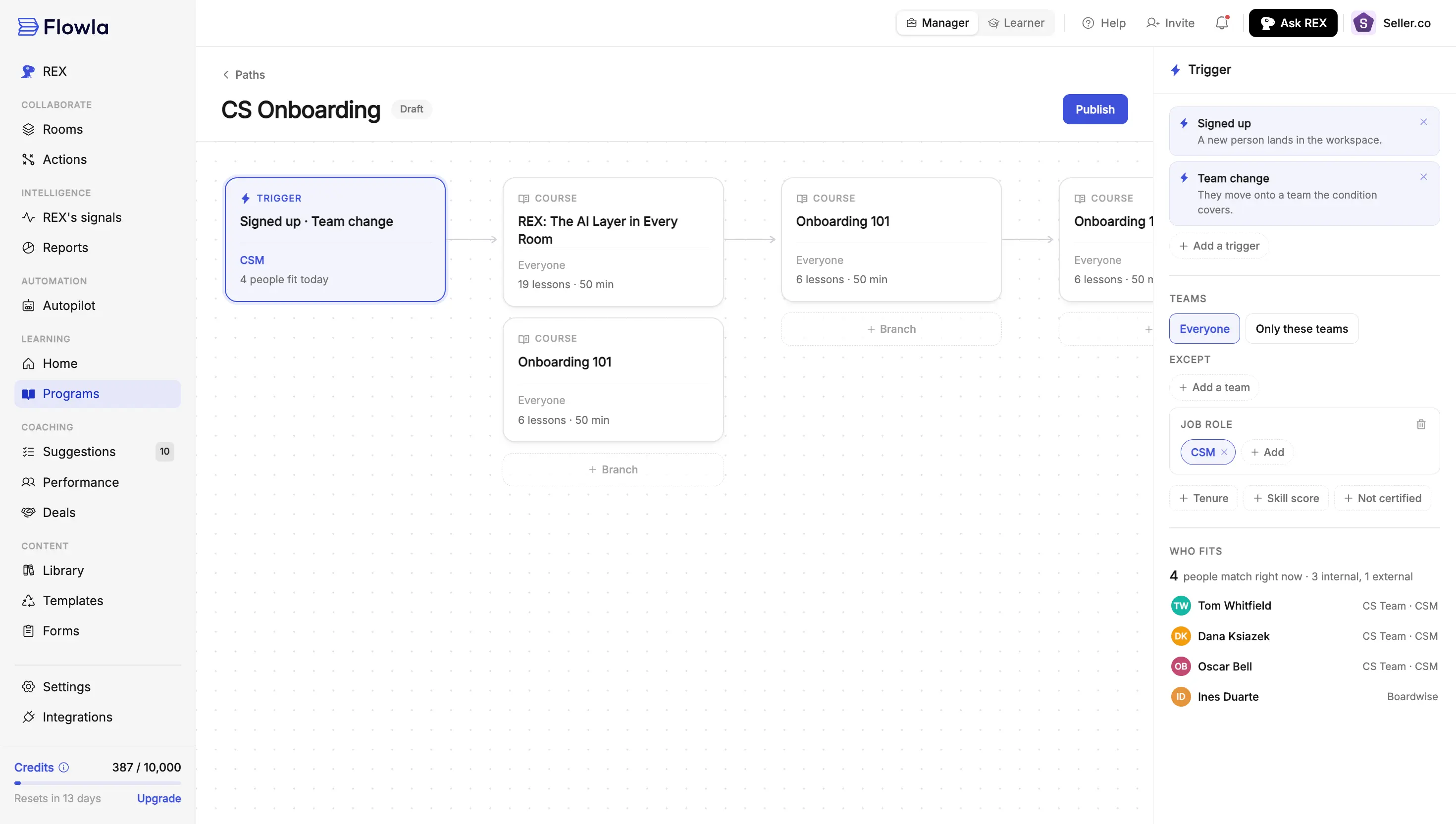 Flowla learning path builder showing an automated CS onboarding path triggered when a new hire joins the team, with matching employees and assigned courses listed.