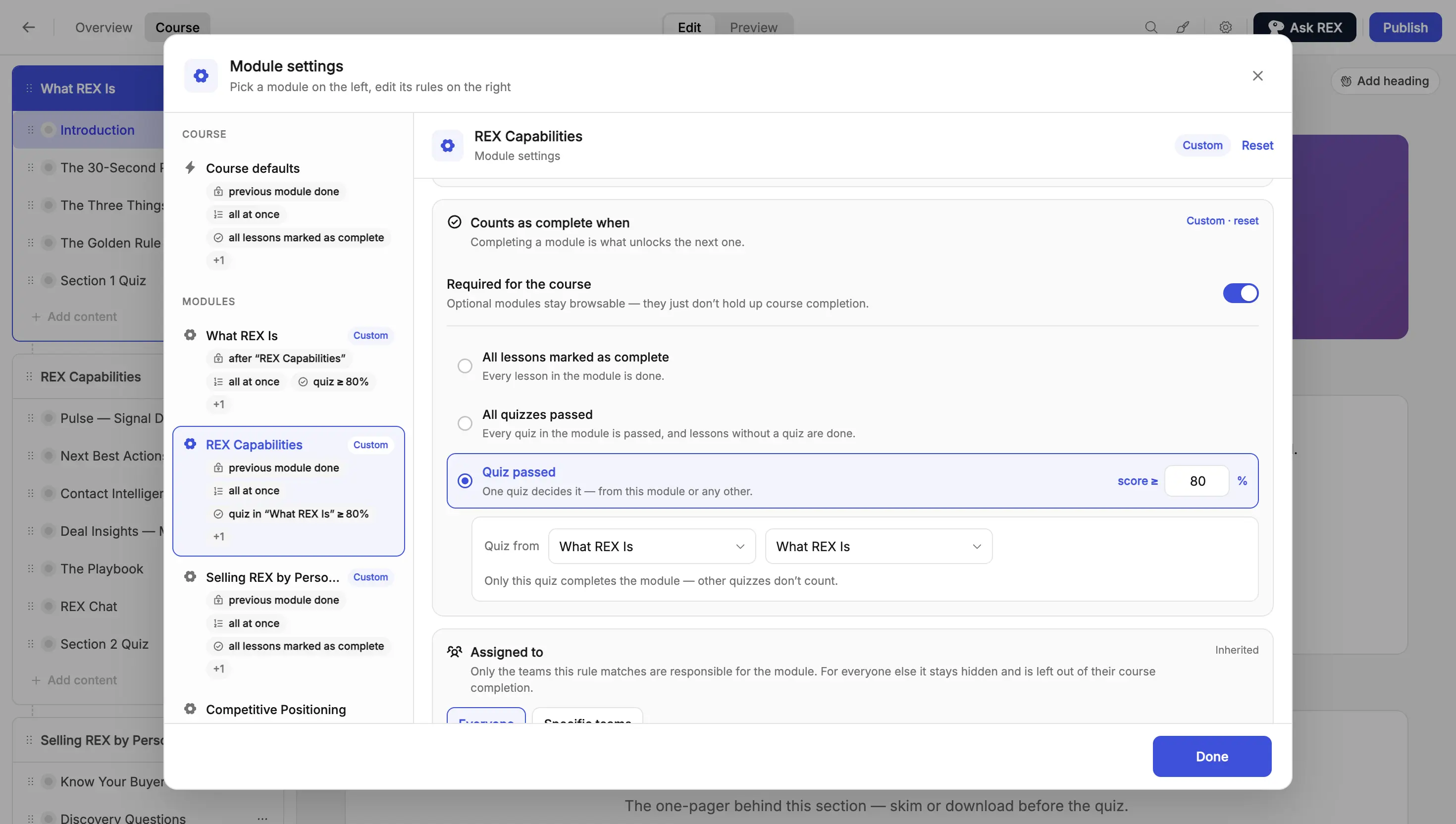Flowla course module settings showing quiz completion rules, where a module unlocks only once a learner passes a quiz with a score of 80% or higher.