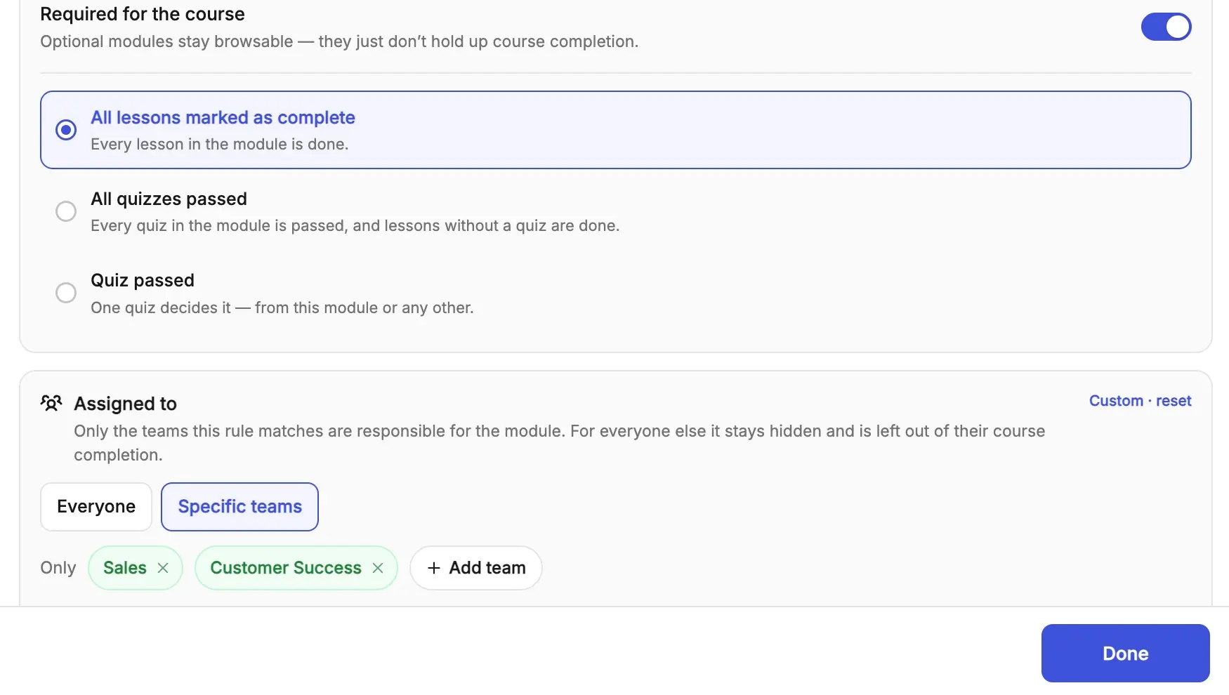 Flowla module settings assigning a course module to specific teams, so sales and customer success only see the modules relevant to them.