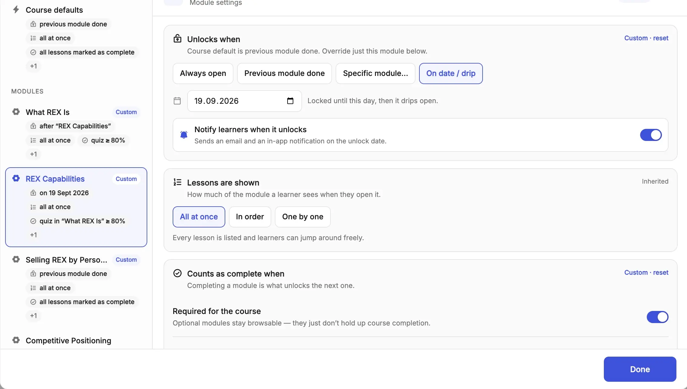 Flowla course module set to drip open on a scheduled date, with automatic email and in-app notifications sent to learners when it unlocks.