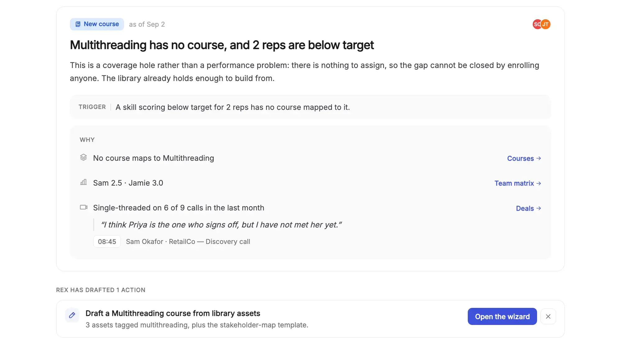 REX flagging a team-wide multithreading gap with no course to close it, and drafting a new course built from existing library assets.