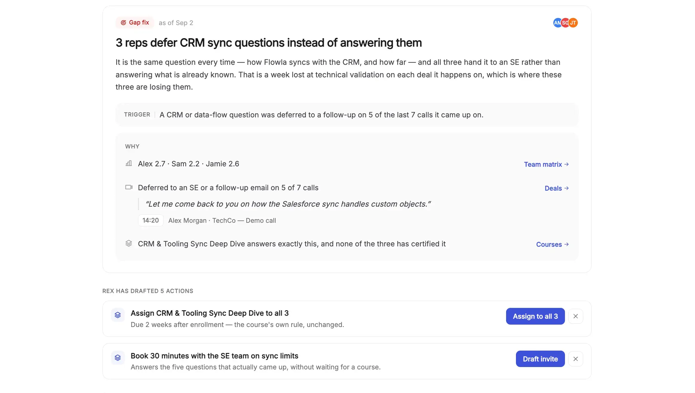 REX coaching suggestion identifying three sales reps deferring CRM questions, with the call quote that triggered it and a drafted course assignment.
