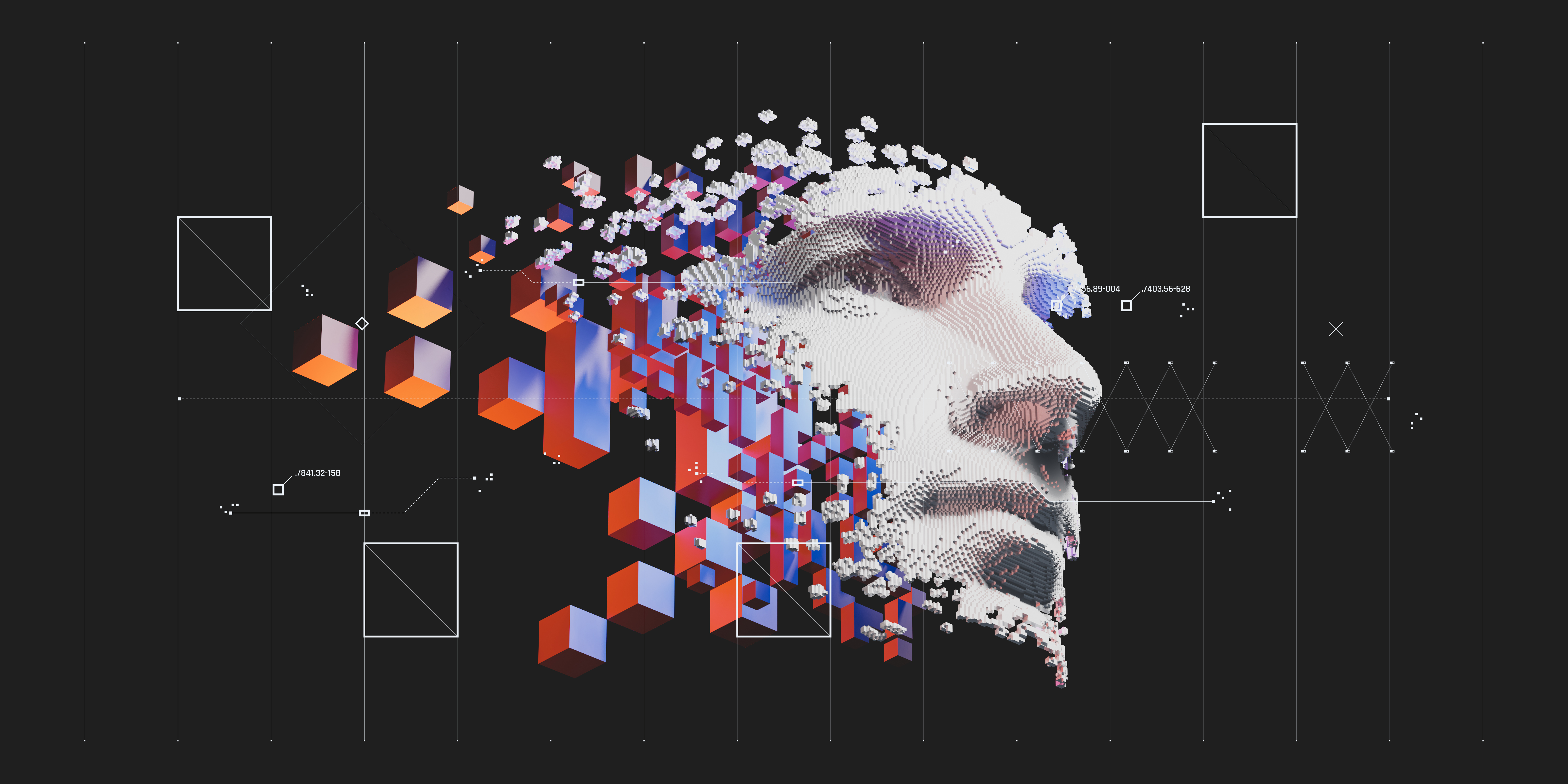 Digital face dissolving into geometric particles on a black background