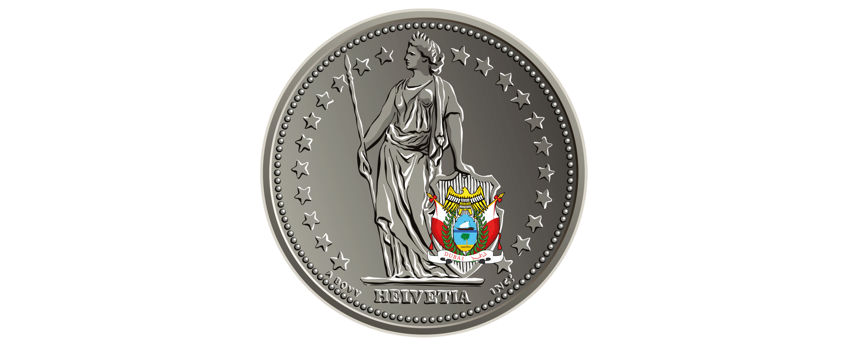 Swiss silver coin showing the seated figure of Helvetia and the Swiss shield