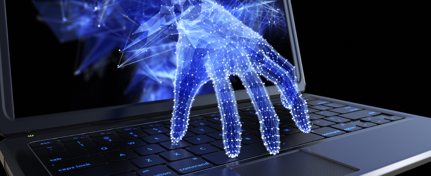 Glowing digital hand reaching out of a laptop keyboard