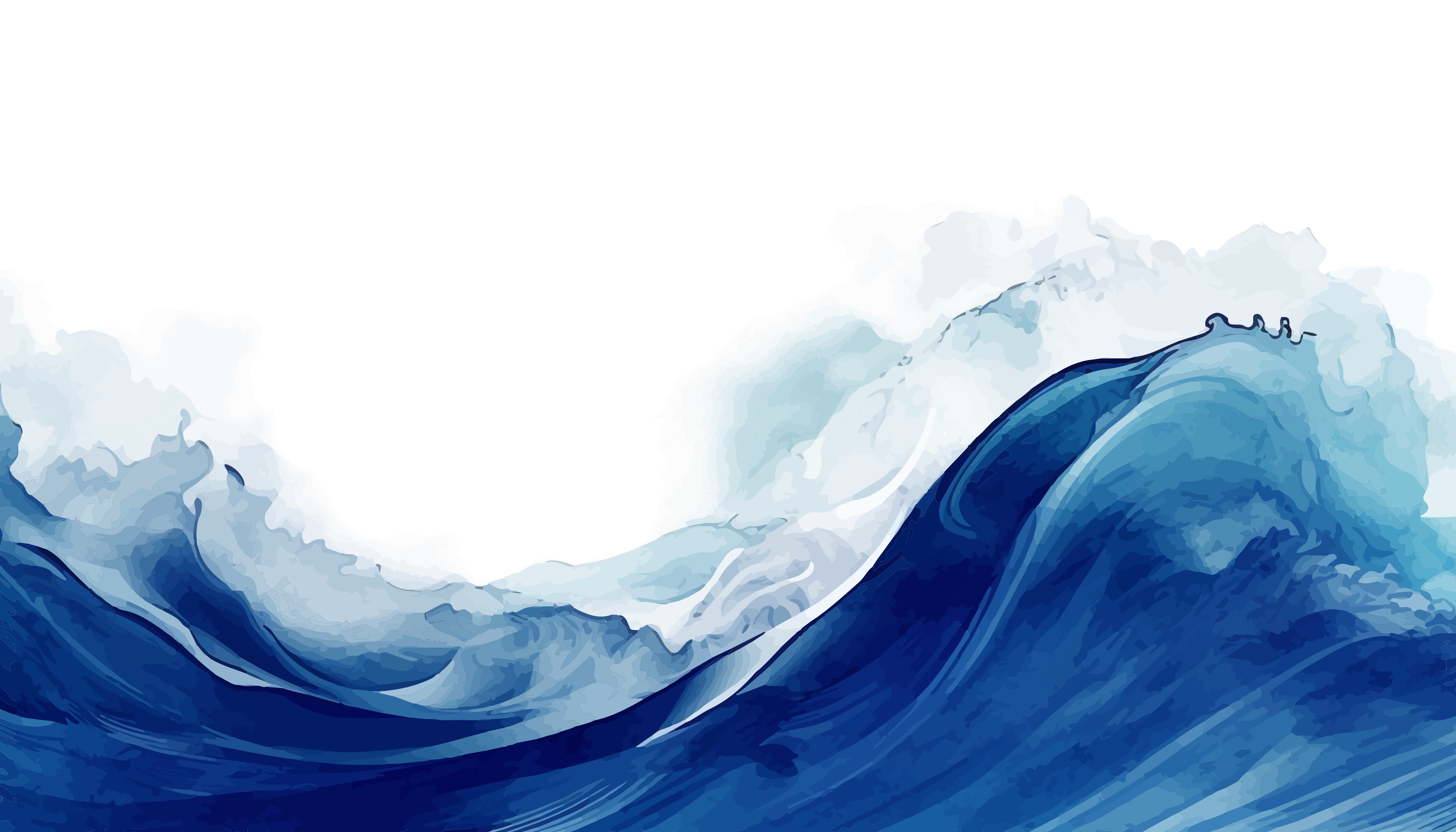 Painting of a large breaking ocean wave in shades of blue