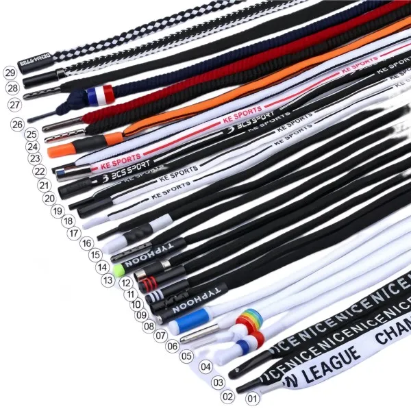 Different types of shoelace tips for cords, shoes and drawstrings