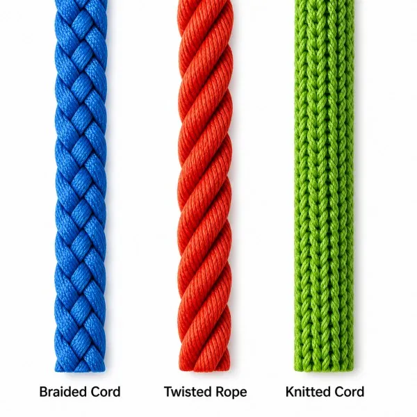 Braided rope, twisted rope and knitted cord shown side by side