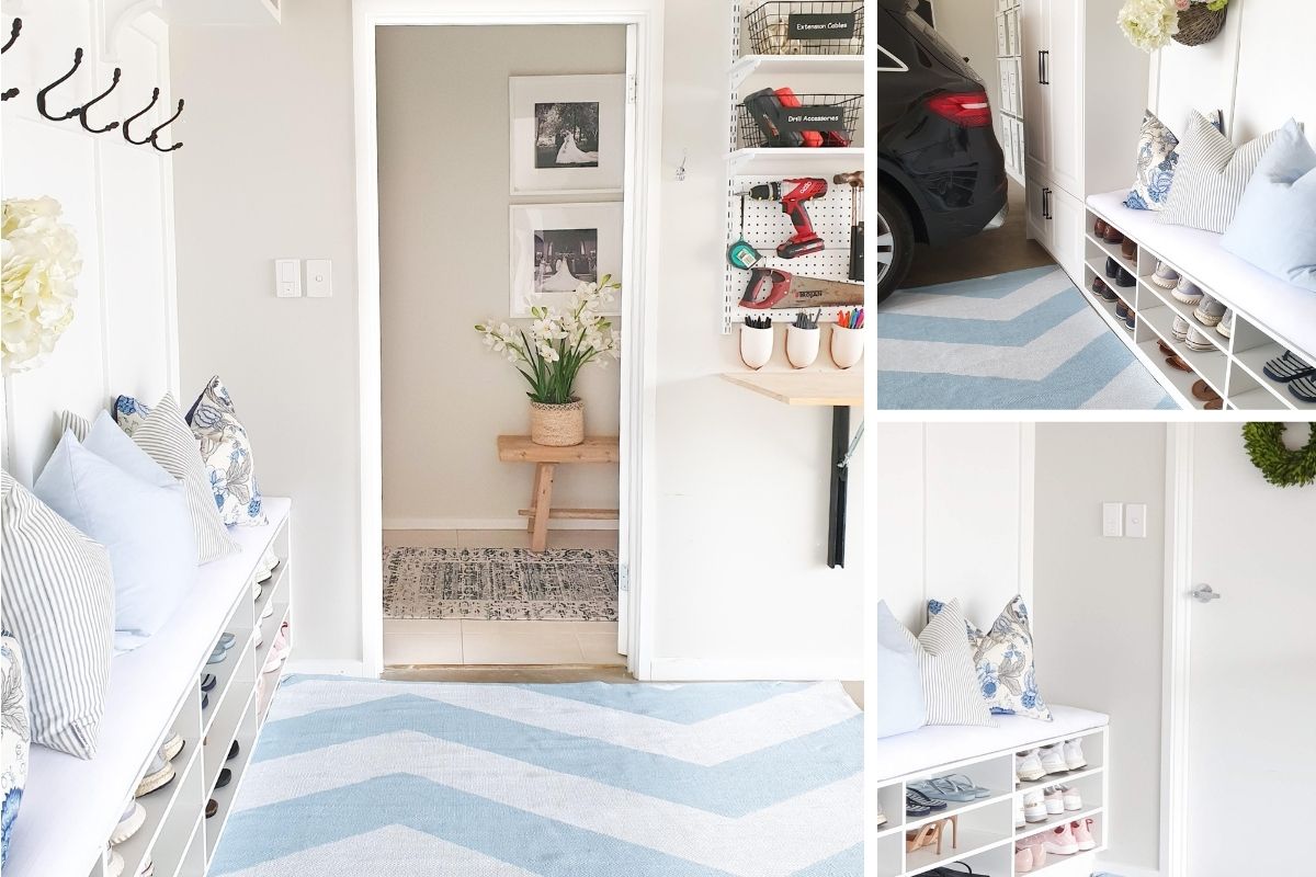 Garage mudroom bench with shoe storage and wall hooks