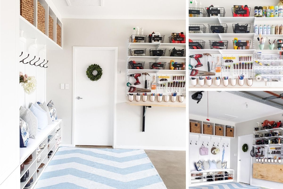 Garage pegboard tool wall with organised hand tools and fold-down workbench